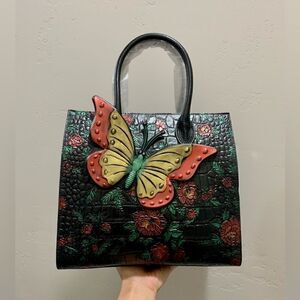 Hand Painted Genuine Leather Floral Embossed with 3D Butterfly Handbag